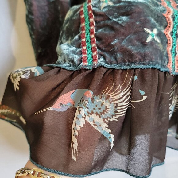 John Mark Womens Embroidered Tunic Top Medium Bell Peasant Velvet Flutter Ruffle - Picture 5 of 12